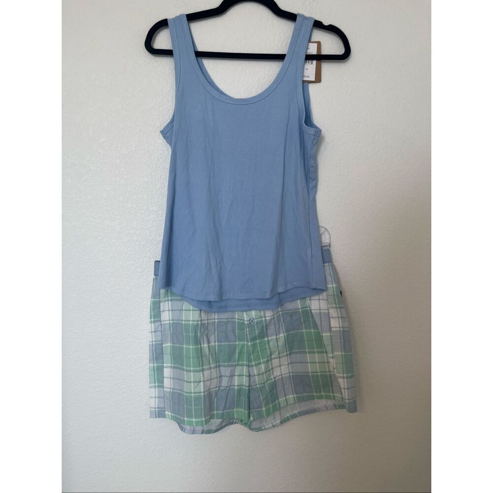 Eddie Bauer Women’s Chambray Blue Ribbed Tank & Plaid Shorts Pajama Lounge Set S